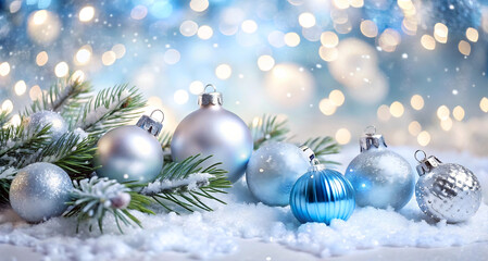Blue and silver Christmas balls over bright background
