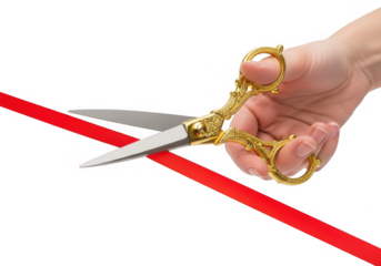 Hand cutting a red ribbon with golden scissors isolated on transparent background, symbolizing opening, celebration, and achievement