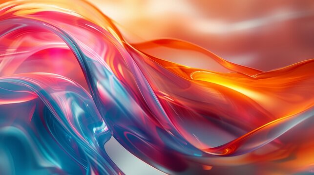 Colorful abstract background with fluid shapes in motion. Luminous orange, pink, and blue waves with a glossy texture. Modern digital art wallpaper
