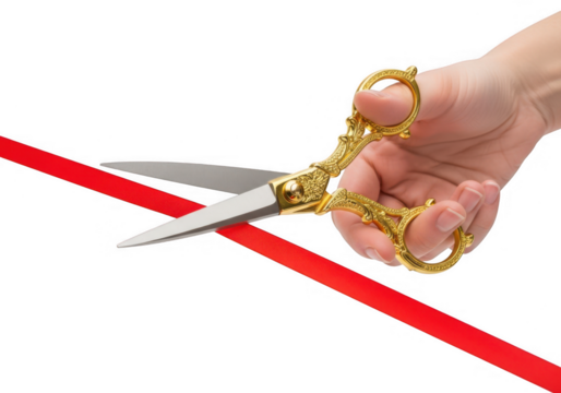 Hand cutting a red ribbon with golden scissors isolated on transparent background, symbolizing opening, celebration, and achievement
