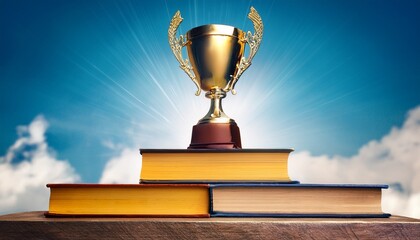 a gold trophy on top of books