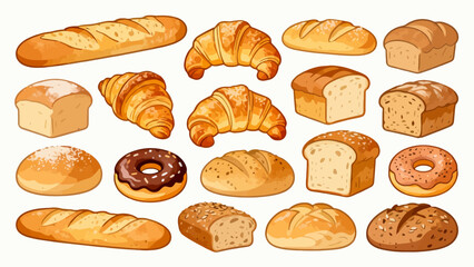 A variety of bread collections, cartoon hand-drawn vector illustrations, sliced bread, butter bread, croissants, meat floss bread, cream bread, baguettes, doughnuts, cakes, pineapple buns, and baked g