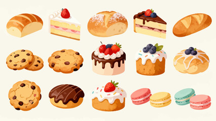 A variety of bread collections, cartoon hand-drawn vector illustrations, sliced bread, butter bread, croissants, meat floss bread, cream bread, baguettes, doughnuts, cakes, pineapple buns, and baked g