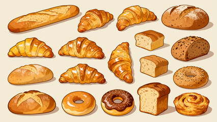 A variety of bread collections, cartoon hand-drawn vector illustrations, sliced bread, butter bread, croissants, meat floss bread, cream bread, baguettes, doughnuts, cakes, pineapple buns, and baked g