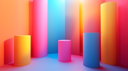 Abstract cylinders in vibrant neon colors isolated on white background