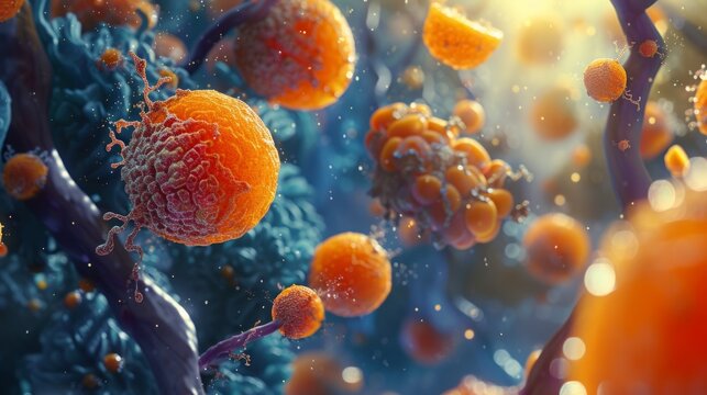 3D illustration of cancer cells in a microscopic view. Scientific and medical background for oncology research. Biology concept of a tumor and disease within the human body