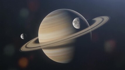 Cinematic render of a ringed gas giant with a bright moon—soft gradients and space haze; great for astronomy explainers, wallpapers, and sci-fi covers - Powered by Adobe