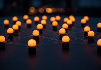 A network of glowing orange lights connected by thin lines on a dark surface, representing data or connections