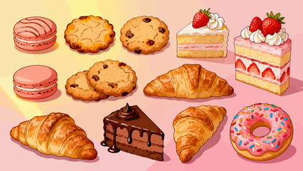 A variety of bread collections, cartoon hand-drawn vector illustrations, sliced bread, butter bread, croissants, meat floss bread, cream bread, baguettes, doughnuts, cakes, pineapple buns, and baked g