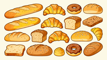 A variety of bread collections, cartoon hand-drawn vector illustrations, sliced bread, butter bread, croissants, meat floss bread, cream bread, baguettes, doughnuts, cakes, pineapple buns, and baked g