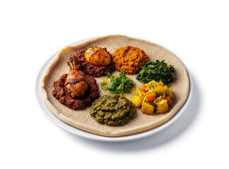 Traditional Ethiopian Injera Flatbread with Assorted Wot (Stew) Toppings, Top View