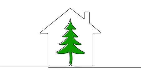 Silhouette of a house with a Christmas tree outline inside, drawn with one continuous line. Symbol of eco-friendly living. Vector illustration.