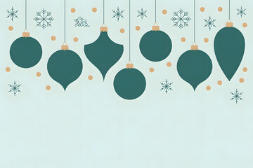 Minimalist Christmas Background with Hanging Green Ornaments and Snowflakes