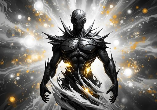 Dark, armored humanoid figure with glowing yellow energy, standing against a cosmic, abstract background with light particles