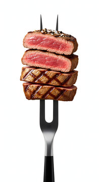 Slices of perfectly cooked medium-rare steak with grill marks, stacked on a fork against a clean white background.