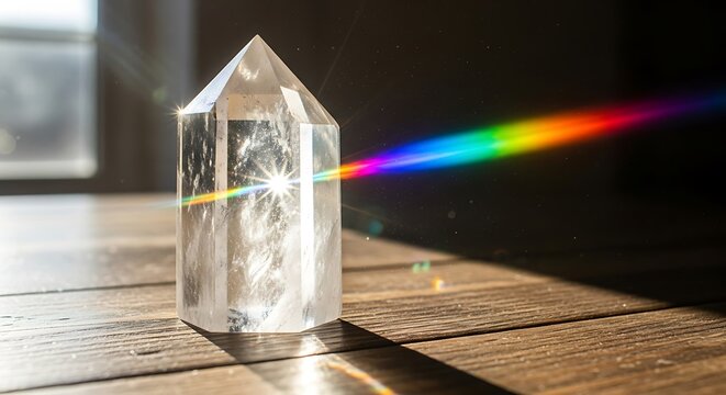 Sunlight dispersion through a clear quartz crystal prism creating a rainbow effect illuminating on a wooden surface
