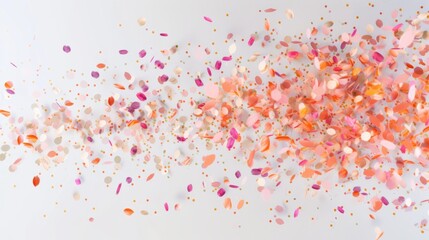 A dynamic burst of colorful confetti in pink, orange, and gold. Abstract festive background for a party or celebration with copy space