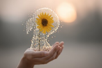 Hand holding holographic sunflower amidst abstract digital backdrop representing growth and innovation in nature with a focus on sustainability and creativity captured with clarity