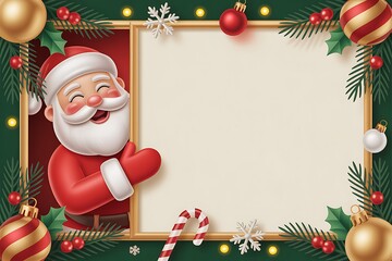 Cheerful 3D Santa Claus Peeking from Golden Christmas Frame, Surrounded by Evergreen Garland, Holly and Ornaments