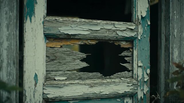 Old weathered window with peeling paint and decay, rustic texture