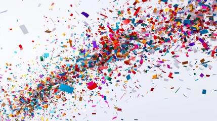 A burst of colorful confetti exploding on a white background. Festive party and celebration concept for holidays and events