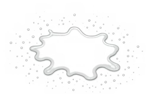 White liquid splash creating a spilled puddle with drops and abstract wavy pattern on a transparent background