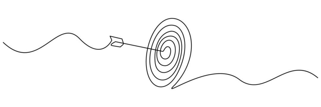 Single continuous line drawing vector illustration of a target with an arrow hitting vector illustration. Isolated on transparent background