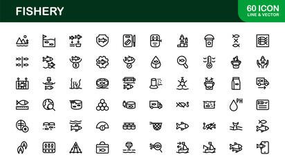 Fishery Glyph Icon Set. Minimal and Modern icons for sustainable fishing, aquaculture, and seafood
