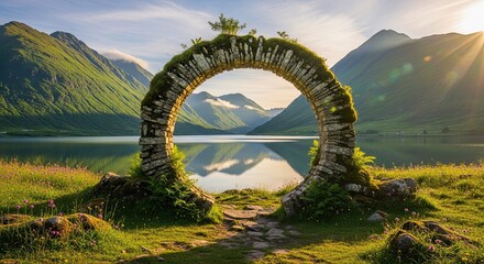 Ancient Stone Archway Revealing Serene Mountain Lake Landscape
