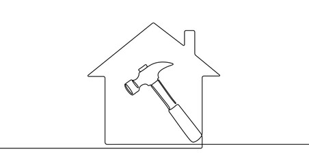 Silhouette of a house with a hammer inside, drawn with one continuous line. Symbol of repair, construction, renovation, home improvement, and tools. Vector illustration.