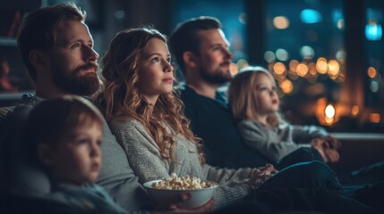 Fototapeta premium Family Enjoys Cozy Movie Night on the Sofa, Bonding and Sharing Laughs Together