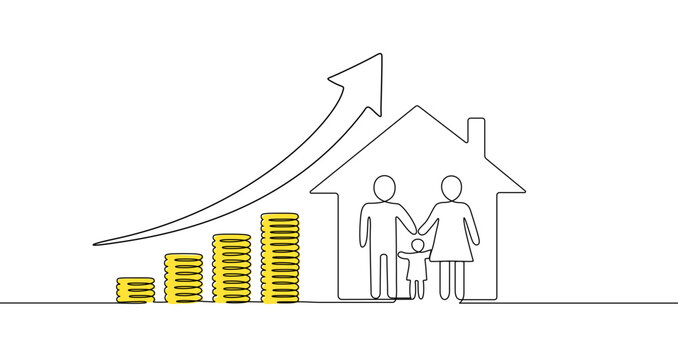 Family in house, growing coins and up arrow in one line art style. Symbol of family financial growth. Vector illustration.