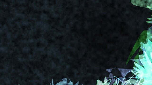 Dark textured background with abstract blue and green shapes emerging from the bottom right corner