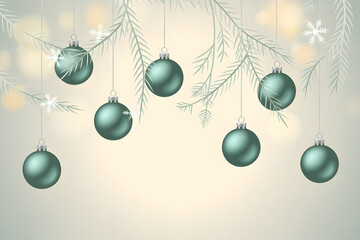Minimalist Christmas Background with Hanging Green Ornaments and Snowflakes
