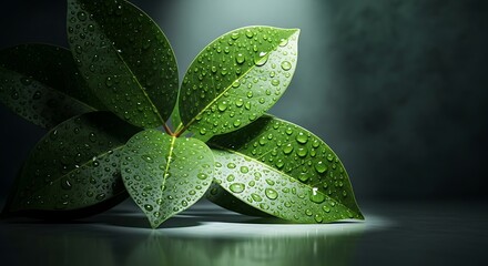 Dew drops on lush green leaves in dramatic lighting