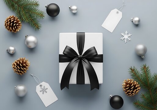 A white gift box with a black ribbon and bow, surrounded by pine branches, pine cones, and silver ornaments on a grey background - Powered by Adobe