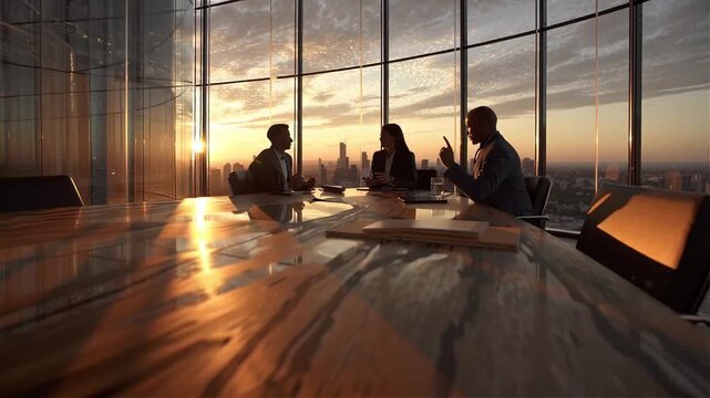 Business meeting at sunset in a skyscraper office with a view of the city