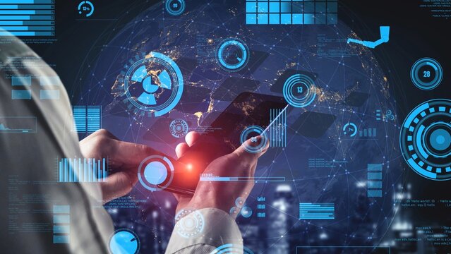 A person holds a smartphone that displays a futuristic interface with global data connections and digital graphics, symbolizing modern technology and communication. Xenic