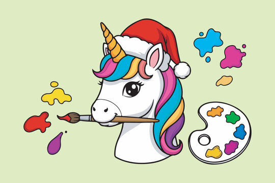 Naklejki Cute Christmas unicorn painting with brush and color vector art illustration, 2