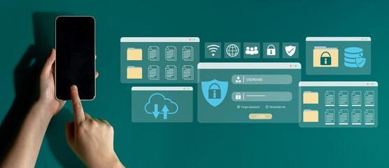 Secure login and file management interface with folder, password, and encryption icons for cybersecurity visualization Parse