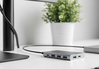 Modern usb hub with multiple ports connected to a laptop on a clean desk with a potted plant in the background