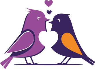 Purple and orange love birds illustration, romantic couple with heart, cute valentine vector art, minimalist flat design concept