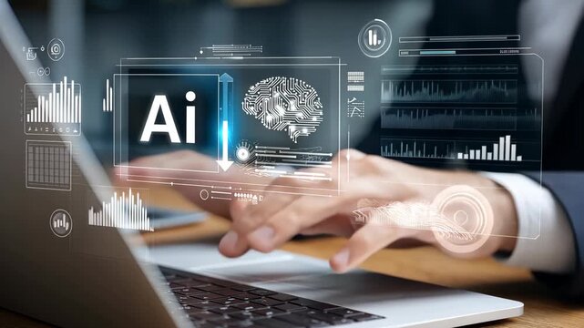 Learning about artificial intelligence concepts and applications while typing on a laptop in a modern office environment