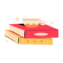 Cozy vector illustration of a teacup on stacked books. Warm minimal design element perfect for reading themes, cafes, home decor, and lifestyle projects. Isolated on white background
