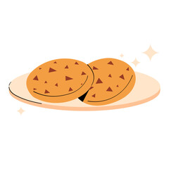 Minimalistic vector illustration of chocolate chip cookies on a plate with sparkles. Sweet dessert design perfect for bakery branding, food packaging, and cafe decoration