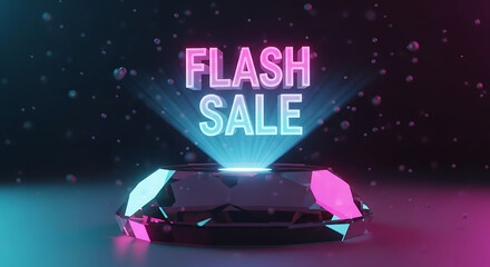Flash sale neon sign glowing on faceted pedestal discount promo