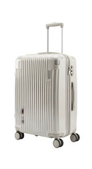 Fototapeta premium A white, ribbed, four-wheeled carry-on suitcase with a retractable handle and a TSA-approved lock.