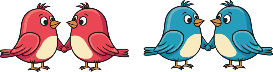 Cute red and blue cartoon birds holding hands, adorable animal couple illustration, friendship and love concept in colorful vector art