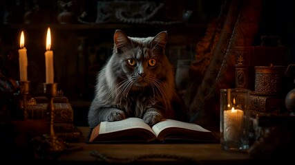 Majestic long-haired cat sitting at a candlelit table with an open book, surrounded by warm glowing candles and antique objects in a dark cozy room - Powered by Adobe