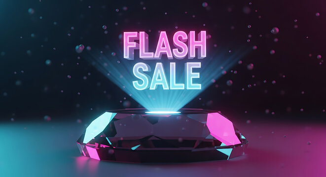 Flash sale neon sign glowing on faceted pedestal discount promo